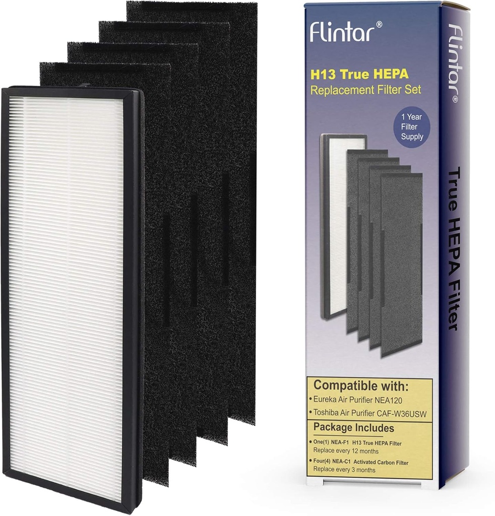 Flintar NEA120 Replacement Filter, Compatible with Eureka NEA120 and Toshiba Smart WiFi Air Purifier, H13 Grade Air Filter (NEA-F1) and 4 Activated Carbon Filters (NEA-C1)