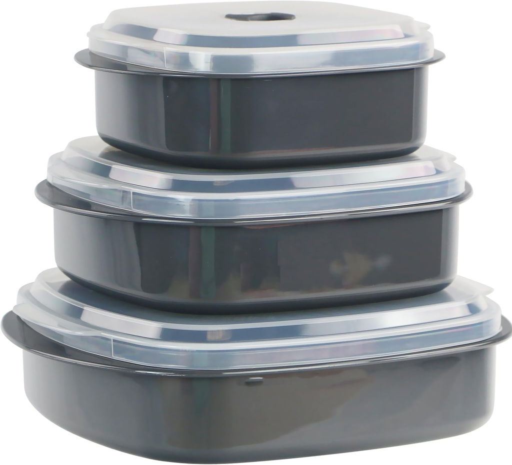Reston Lloyd Nesting Microwave Containers, Set of 3, Adjustable Steam Vents, Airtight, Meal Prep, Durable BPA-Free Plastic- Freezer & Dishwasher Safe, Cookware & Food Storage, Anyday Cookware, Gray