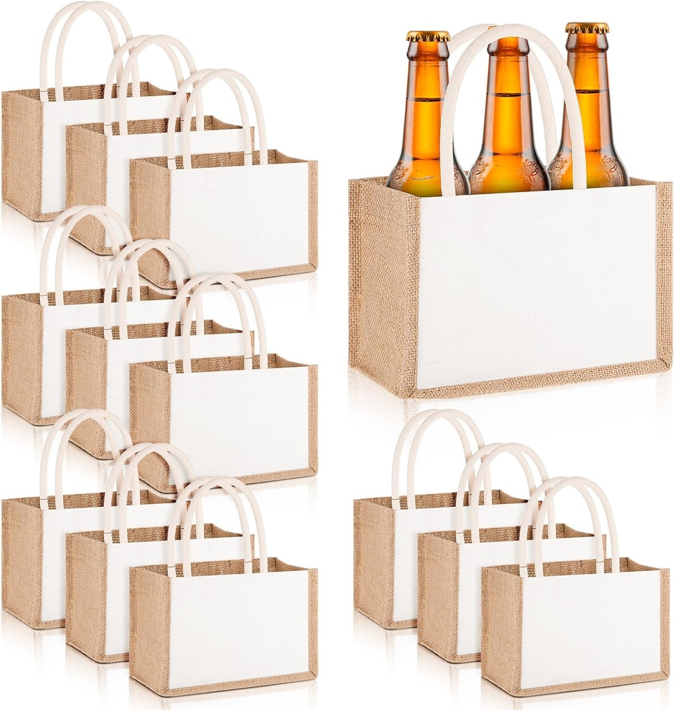 12 Pack Burlap Tote Bags, Mini Jute Reusable Bag with Handles, Waterproof Canvas Grocery Shopping Bag, Small Blank Canvas Gift for Wedding Beach DIY