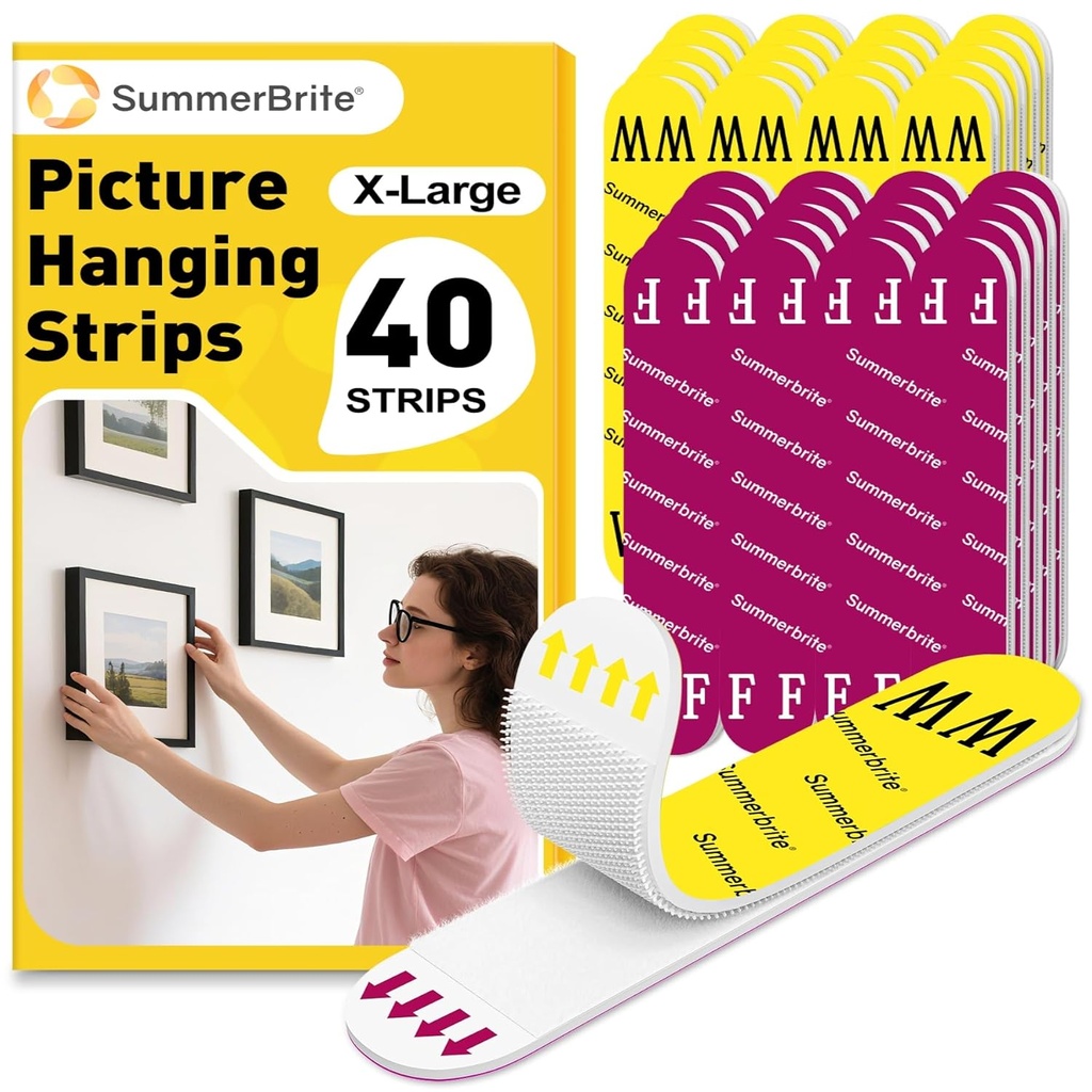 X-Large Picture Hanging Strips Heavy Duty, Damage Free Picture Hangers for Walls without Nails/Tools, Wall Sticky Hook and Loop Adhesive Strips Kit for Poster, Home, Office, 40 Strips/20Pairs, X-Large
