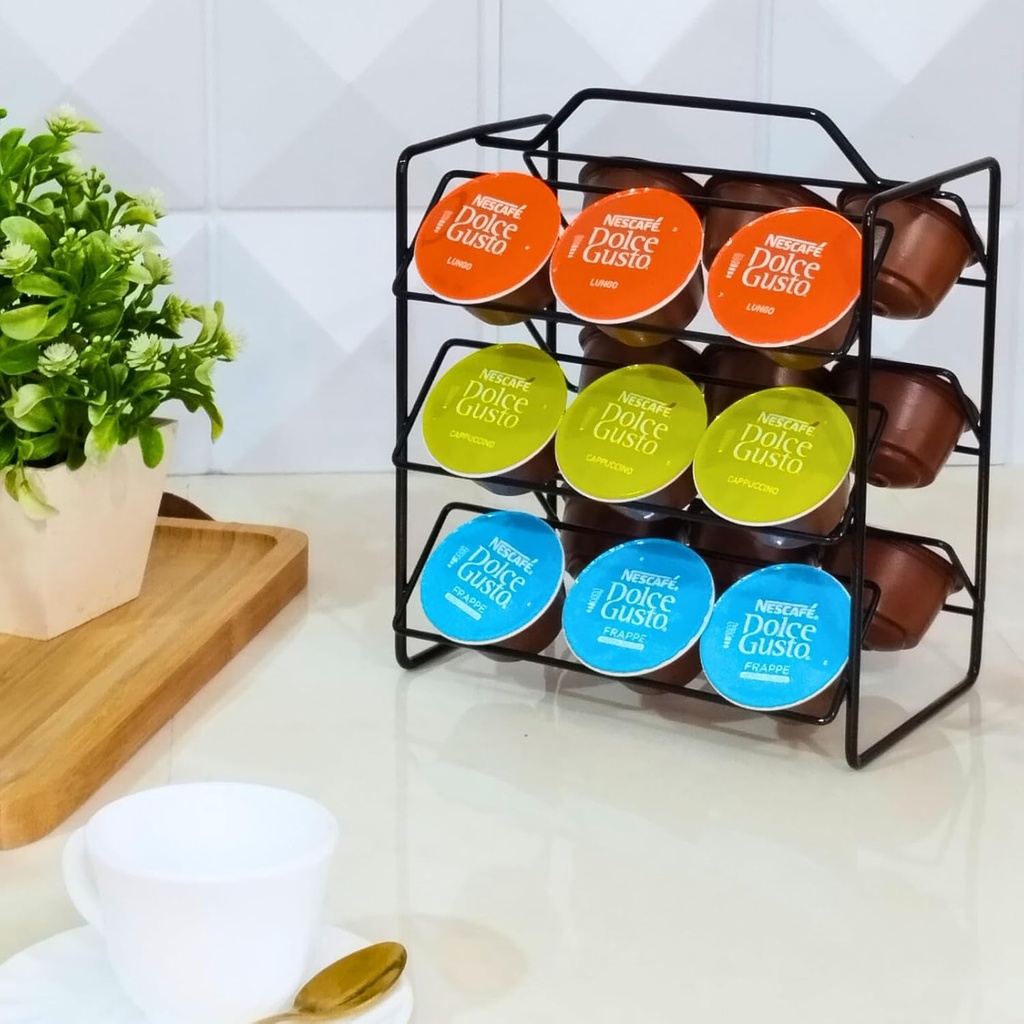 Coffee Pod Holder – Compatible with Dolce Gusto®* – 18 Capsule Stand Organizer – Black Metal Countertop Rack