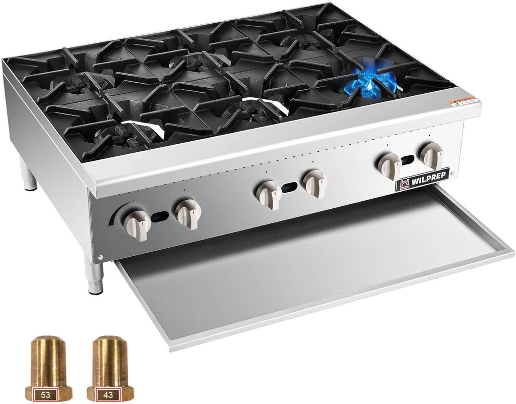 WILPREP Countertop Gas Range, 6 Burner Commercial Hot Plate with Total 150000 BTU, 36" Natural Gas Range with Propane Conversion Kit Grates, Stainless Steel Stove for Restaurant Kitchen, silver