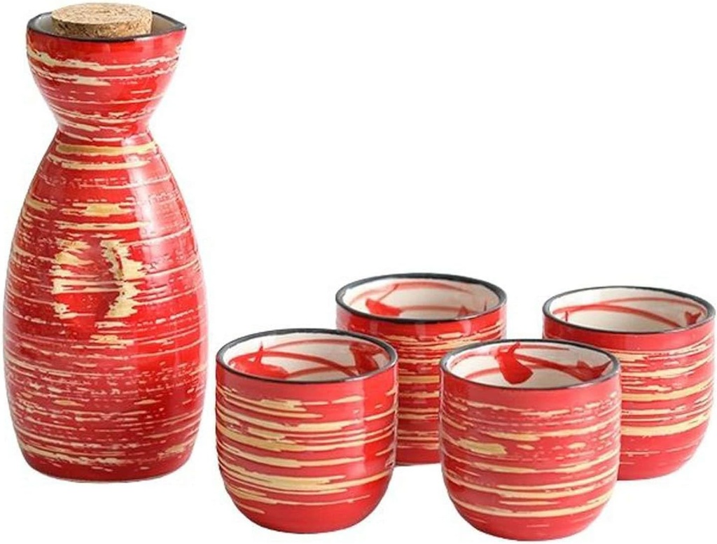 Japanese Ceramics Sake Set Include 1Sake Bottle And 4 Cups, Traditional Japanese Sake Cup Set Hand Painted Design-red-1