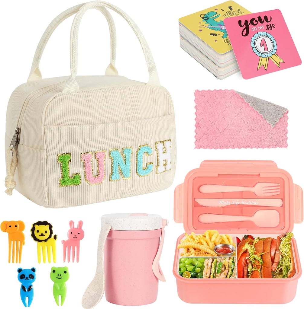 Bento Box Lunch Box Kit Corduroy Large Insulated Lunch Bag 3 Layer Stackable Leakproof Lunch Box Containers with Cup,Lunch Bag,Spoon,Fork,60 Pieces Lunch Box Notes for Girl Women (Solid Beige)