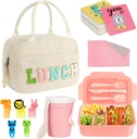 Bento Box Lunch Box Kit Corduroy Large Insulated Lunch Bag 3 Layer Stackable Leakproof Lunch Box Containers with Cup,Lunch Bag,Spoon,Fork,60 Pieces Lunch Box Notes for Girl Women (Solid Beige)