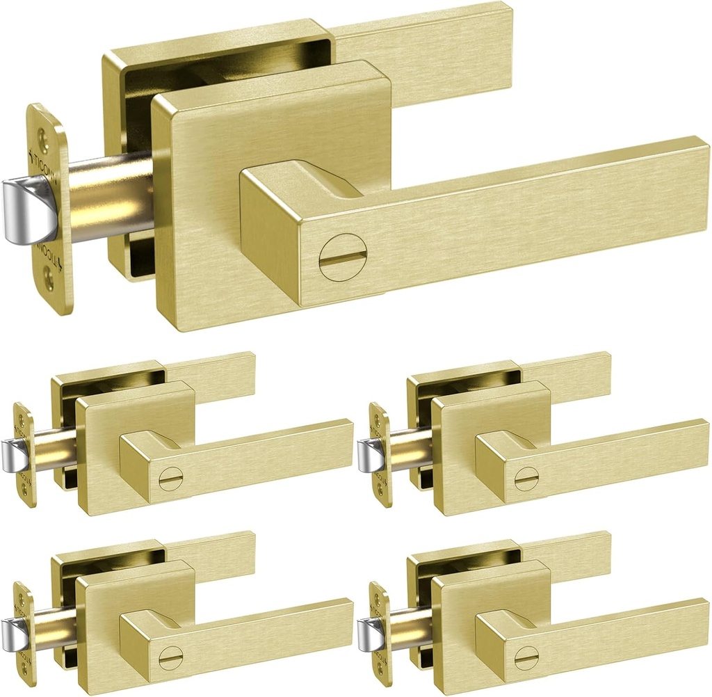 TICONN Door Handle Heavy Duty, Reversible Square Door Lever for Bedroom, Bathroom and Rooms (5 Pack, Privacy, Satin Brass)