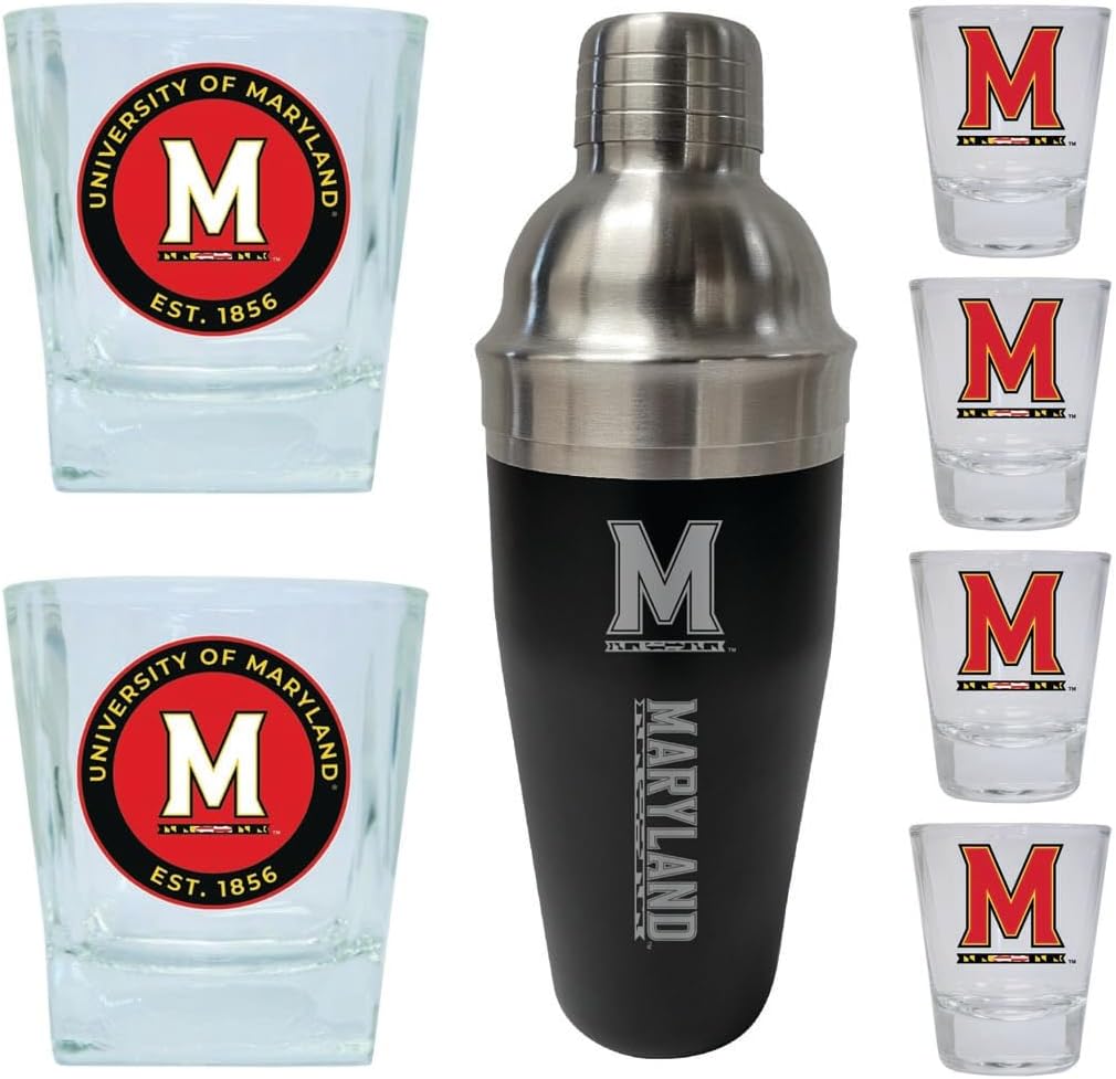 R and R Imports Maryland Terrapins Officially Licensed Collegiate Barware Set – 7-Piece Cocktail & Whiskey Glass Gift Pack