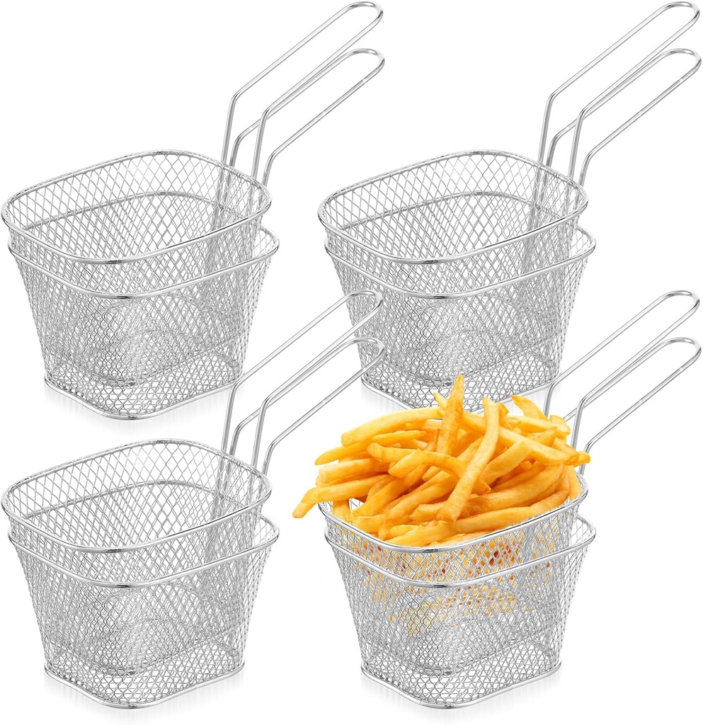 8 Pcs Mini Square Fry Basket Bulk Stainless Steel French Fry Holder Food Baskets for Serving Fryer Container with Handle Reusable Small Deep Fryer Holder for Home Kitchen Decor (Silver)