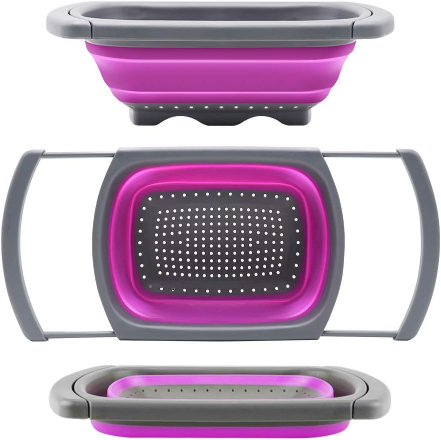 Qimh Collapsible Colander, Kitchen Colander Set Over Sink Strainer Veggies/Fruit Colanders Strainers with Extendable Handles, Dishwasher Safe Folding Strainer for Kitchen, 6-Quart, BPA Free