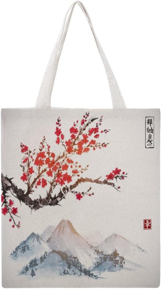 Tote Bag for Women Sakura mountains oriental ink Reusable Sturdy Grocery Bags Shopping Bag Canvas Shoulder Bag for Gym Travel
