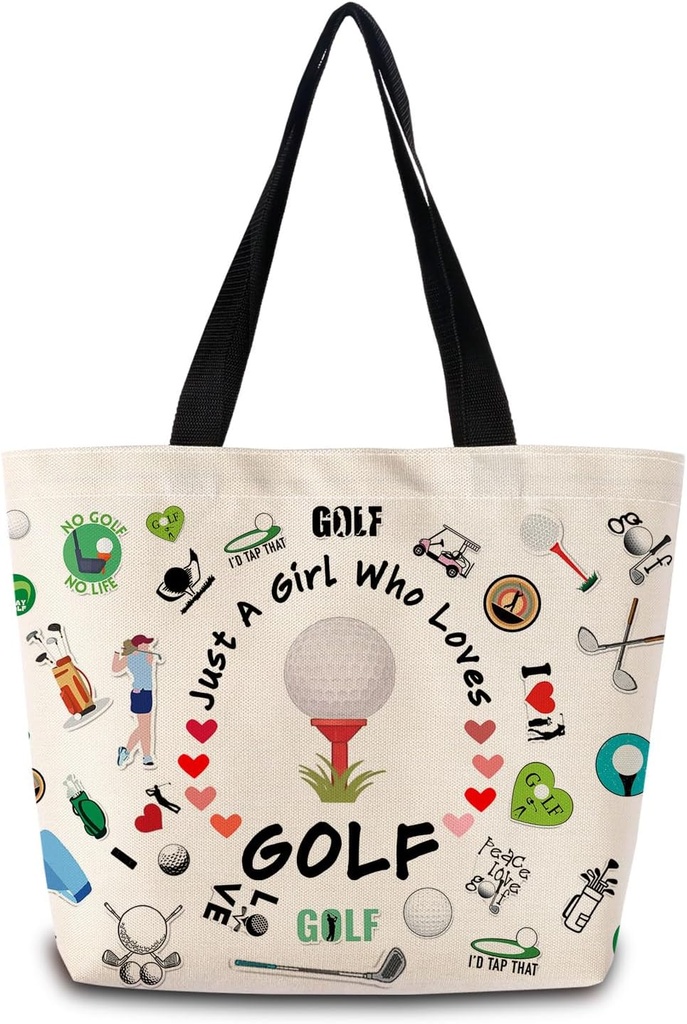 Just Love Golf Tote Bag Reusable Grocery Bags Cute Aesthetic Shopping Shoulder Handbag with Interior Zipper Pocket Lightweight & Washable Stylish Golf Fans Present for Women