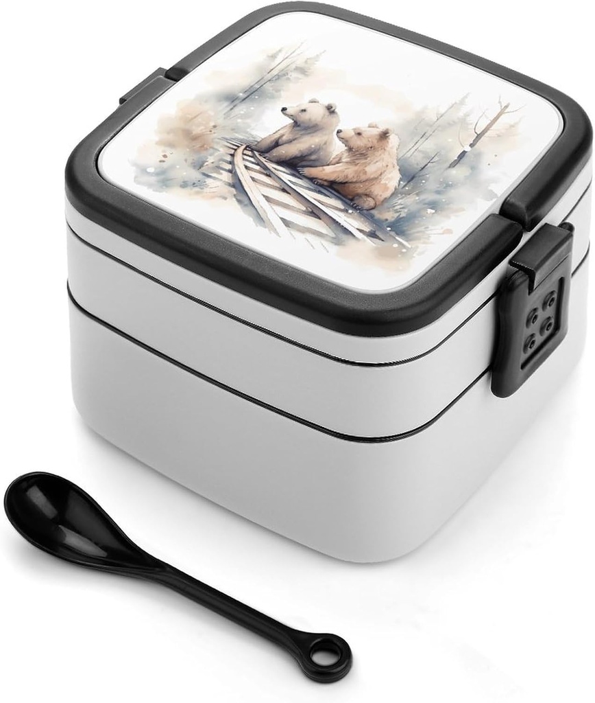 Bear on Train Tracks Bento Box for Adults Double Layer Lunch Box with Spoon And Invisible Handle Microwave Dishwasher Safe Leak Proof Meal Prep Lunch Containers for Office Picnic