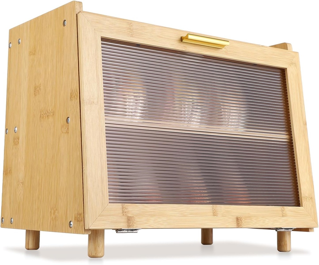 GarveeHome Bamboo Bread Box for Kitchen Counter, Double Layer Large Capacity Bread Storage Container Farmhouse Bread Box With Window, Natural Bamboo