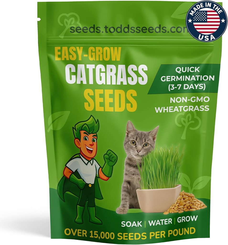 Todd's Seeds – Cat Grass for Indoor or Outdoor Cats, 1lb Wheatgrass – Premium, 100% Chemical Free (Better Than Organic) Non-GMO, Pet-Safe & Easy to Grow in 5-7 Days – No Special Equipment Needed.