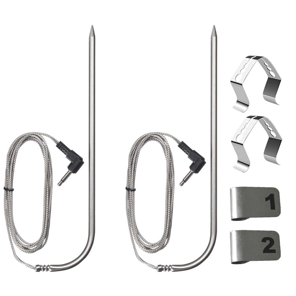 Pit Boss 2 Pack Replacement Meat Probe for Pellet Grill Smokers, 3.5mm Plug Thermometer with 2 Stainless Steel Probe Clip Holders and 2 Numbered Tags