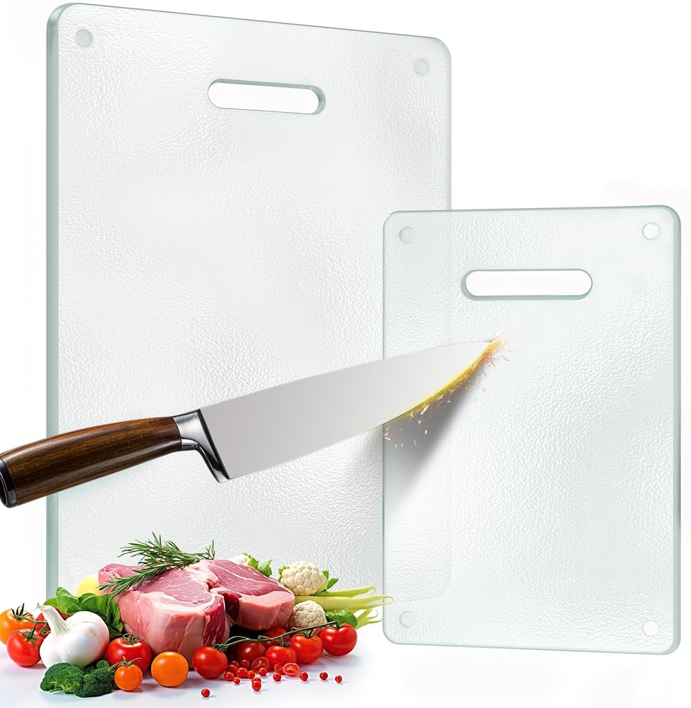 Tempered Glass Cutting Board for Kitchen, 2PCS Clear Chopping Board with Handle (16"x12" & 12"x8"), Plastic Free, Scratch Resistant, Heat Resistant, Dishwasher Safe, Non-toxic, Easy to Clean