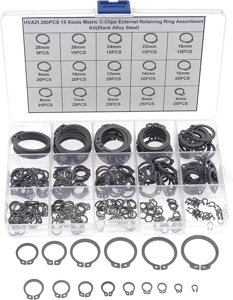 290PCS C-Clips External Retaining Ring Assortment Kit(Black Alloy Steel)