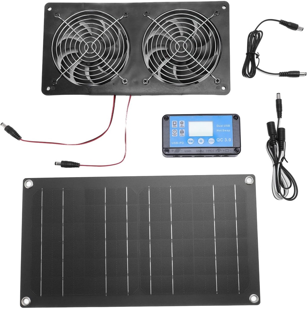 Solar Panel Vent Fan, Solar Powered Ventilation Fan, 6 Inch Dual Fans with Timed Controller, 20W High Efficiency Solar Exhaust Fans, Quiet Running for Shed, Chicken Coop