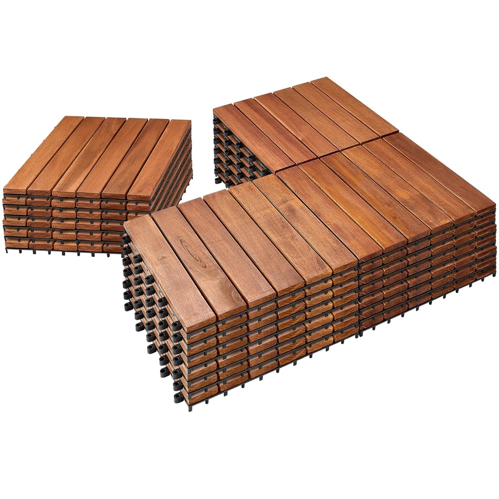 PrimeZone 27 PCS Solid Acacia Wood Interlocking Deck Tiles - 12" x 12" Waterproof Indoor Outdoor Patio Flooring Decking Tiles for Balcony, Backyard & Poolside, All Weather Use, Natural Wood