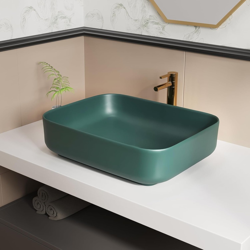ELLAI Bathroom Vessel Sink Rectangle Above Counter Porcelain Ceramic Sink Top Mount Rectanglar Countertop Sink for Bathroom 19.7"x15.2"x5.4" Dark Green