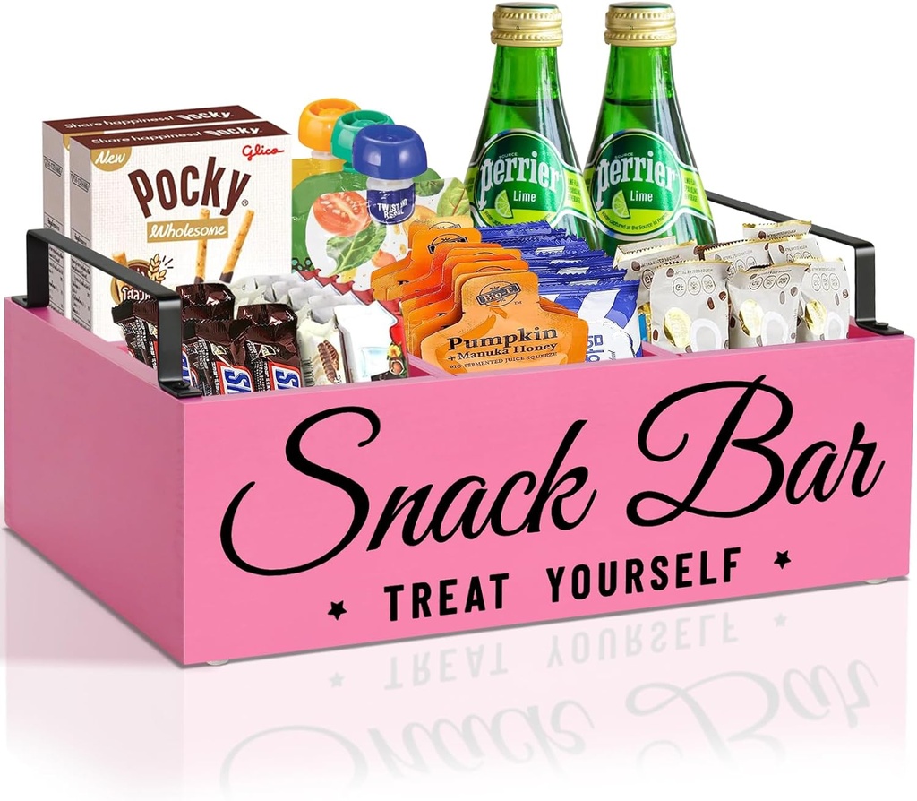Snack Organizer for Countertop, Wood Pantry Storage Bins with Handles, Snack Bar Organizer for Pantry Shelf, Kitchen, 4 Compartment Food Container Snack Box, Pantry Organizer for Snacks, Chips(Pink)