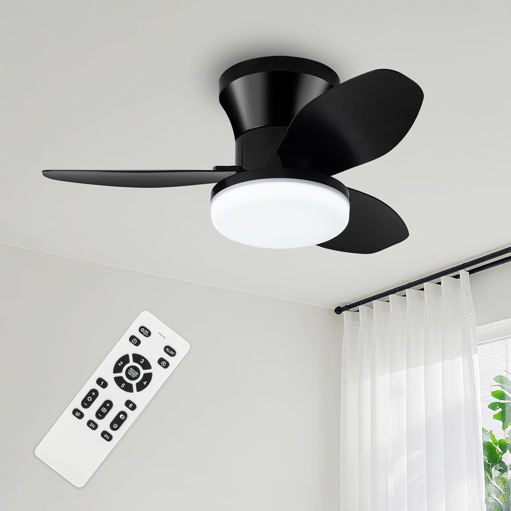 26 Inch Small Ceiling Fan with Light - Flush Mount Ceiling Fan with Lights and Remote, Low Profile Ceiling Fans with 6 Wind Speeds, 3 Reversible Blades, Black Ceiling Fans for Bedroom