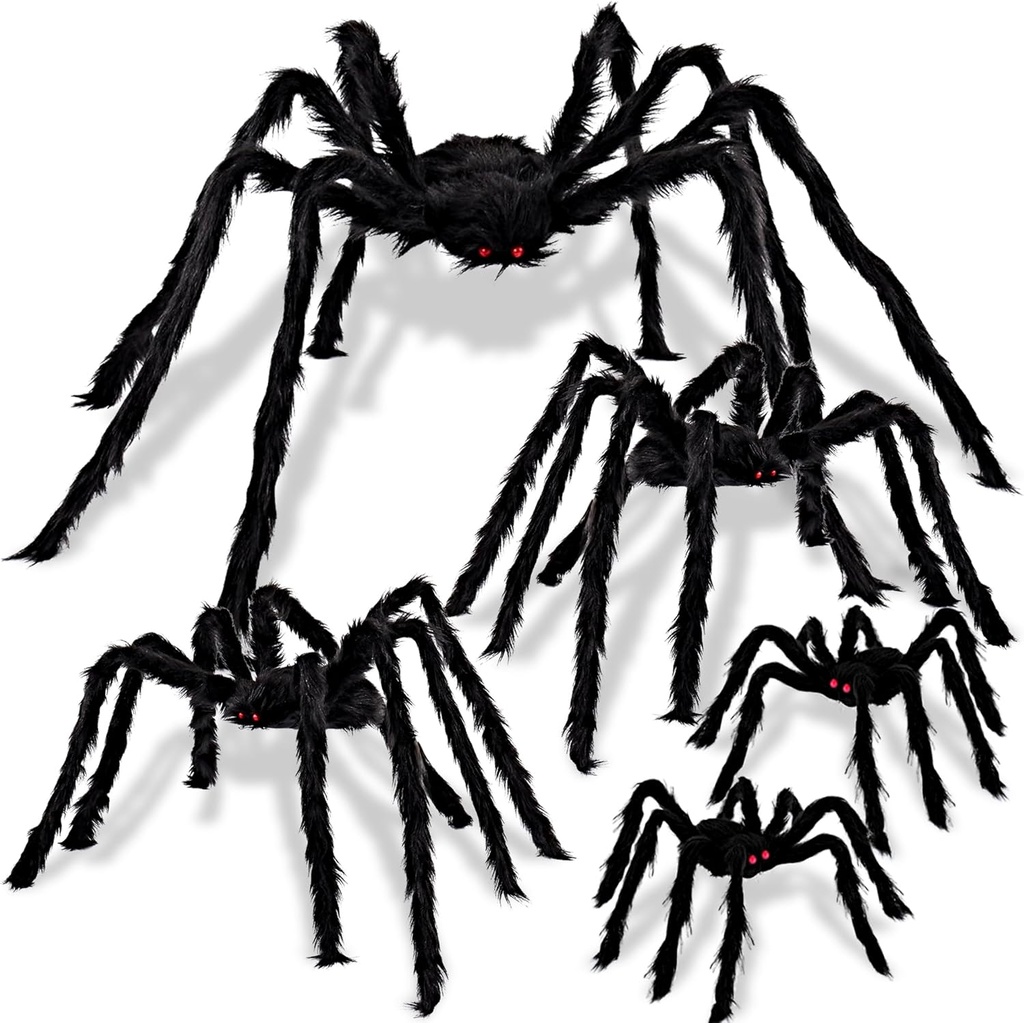 JOYIN 5 Packs Halloween Decorations Outdoor Giant Spiders, Large Black Hairy Spider Set with Different Size for Halloween Outside Decor, Lawn, Yard, Indoor Decor(35", 30", 24", 20", 12")