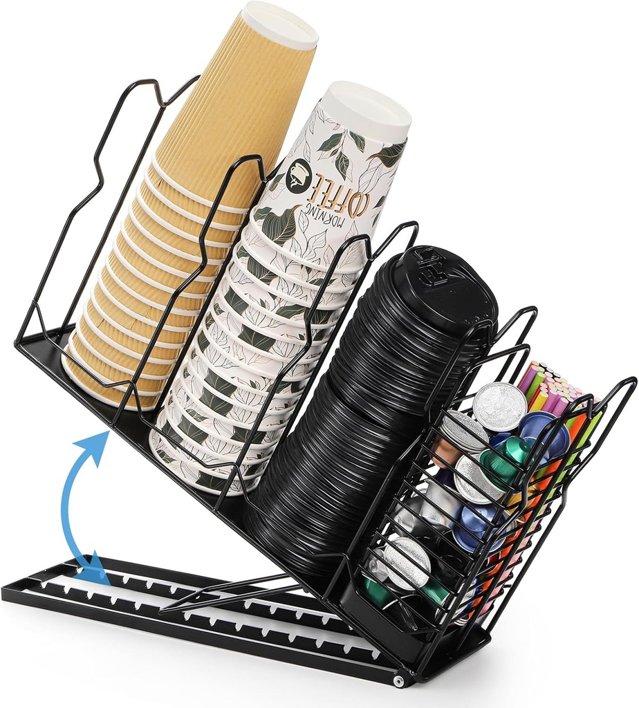 Suwimut Cup and Lid Holder, Adjustable Metal Coffee Cup Holder Organizer, 4 Compartment Disposable Cup Dispenser with Coffee Pod Straw Storage Basket for Coffee Station Bar Countertop Breakroom