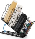 Suwimut Cup and Lid Holder, Adjustable Metal Coffee Cup Holder Organizer, 4 Compartment Disposable Cup Dispenser with Coffee Pod Straw Storage Basket for Coffee Station Bar Countertop Breakroom