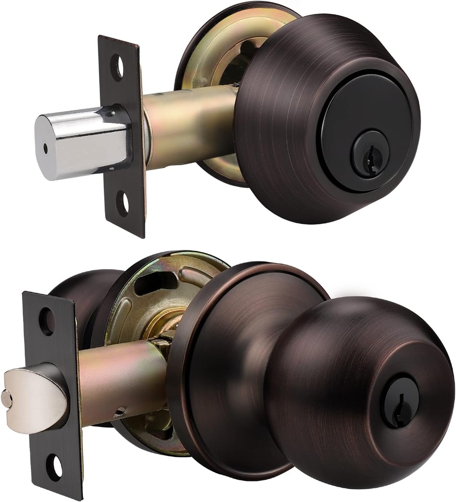 Probrico Oil Rubbed Bronze Entry Door Knobs with Double Cylinder Deadbolts Combo Pack, Keyed Alike Handlesets for Front and Entrance Door, Interior and Exterior Door Hardware