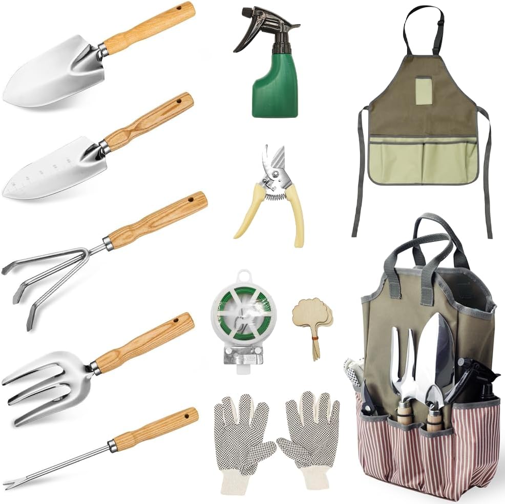 12-Piece Heavy Duty Stainless Steel Gardening Tools Kit with Storage Organizer Handbag & Tool Apron - All-in-One Premium Garden Gift Set for Women/Men