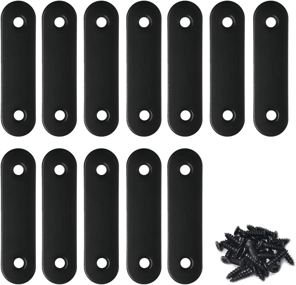 Stainless Steel Black Flat Brace - 16 x 60 mm Straight Corner Braces with Screws - 12 Pack