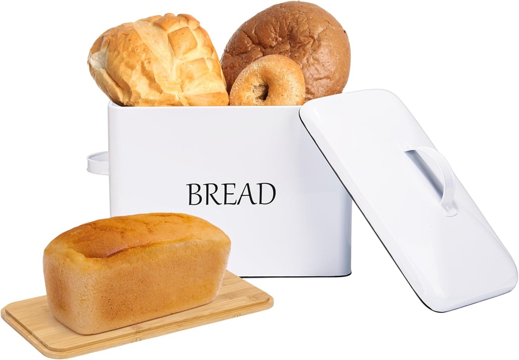 Meraki Home Bread Box with Two Lids | Metal Lid and Bamboo Cutting Board Lid | Cotton Bread Bag | Farmhouse Bread Storage for Kitchen Countertop | Perfect for Homemade Bread (Extra Large)