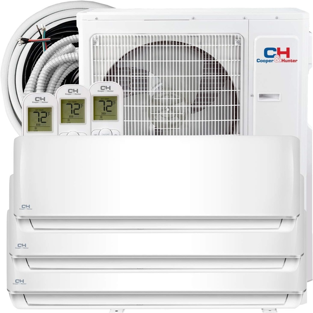 Cooper & Hunter 28,000 BTU Tri 3 Zone 9,000 + 12,000 + 12,000 BTU, 24.6 SEER2, 230V, Multi Zone Wall Mount Ductless Mini Split Air Conditioner Heat Pump Full Set with 25ft Installation Kits