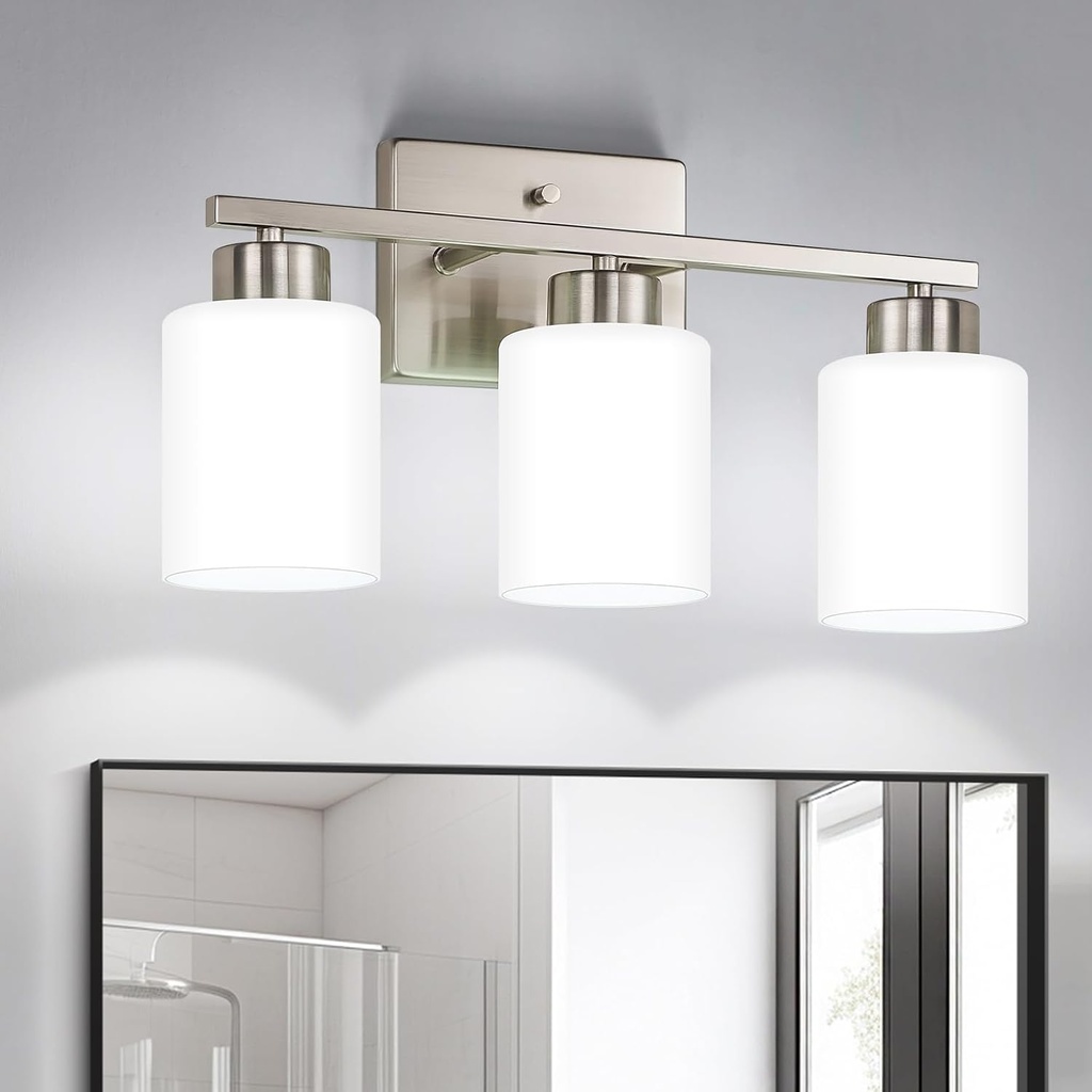 Brushed Nickel Bathroom Light Fixtures, 3-Light Modern Vanity Light Over Mirror, Wall Sconces with Milky White Frosted Glass Shades, E26 Socket (Bulbs Not Included)