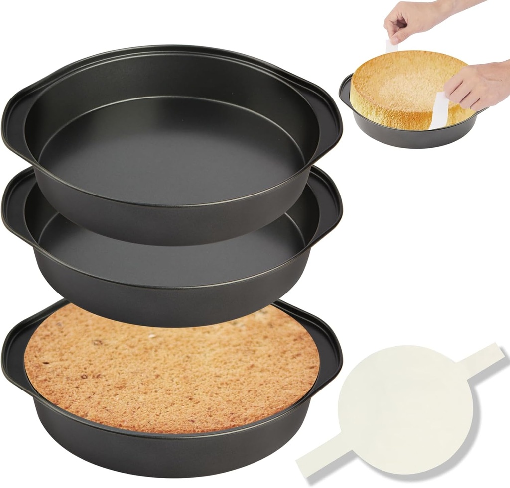 8" Round Cake Pan, 3PCS Nonstick Cake Pans with 100 PCS Parchment Paper, Carbon Steel Cake Baking Pans with Handle, Dishwasher Safe