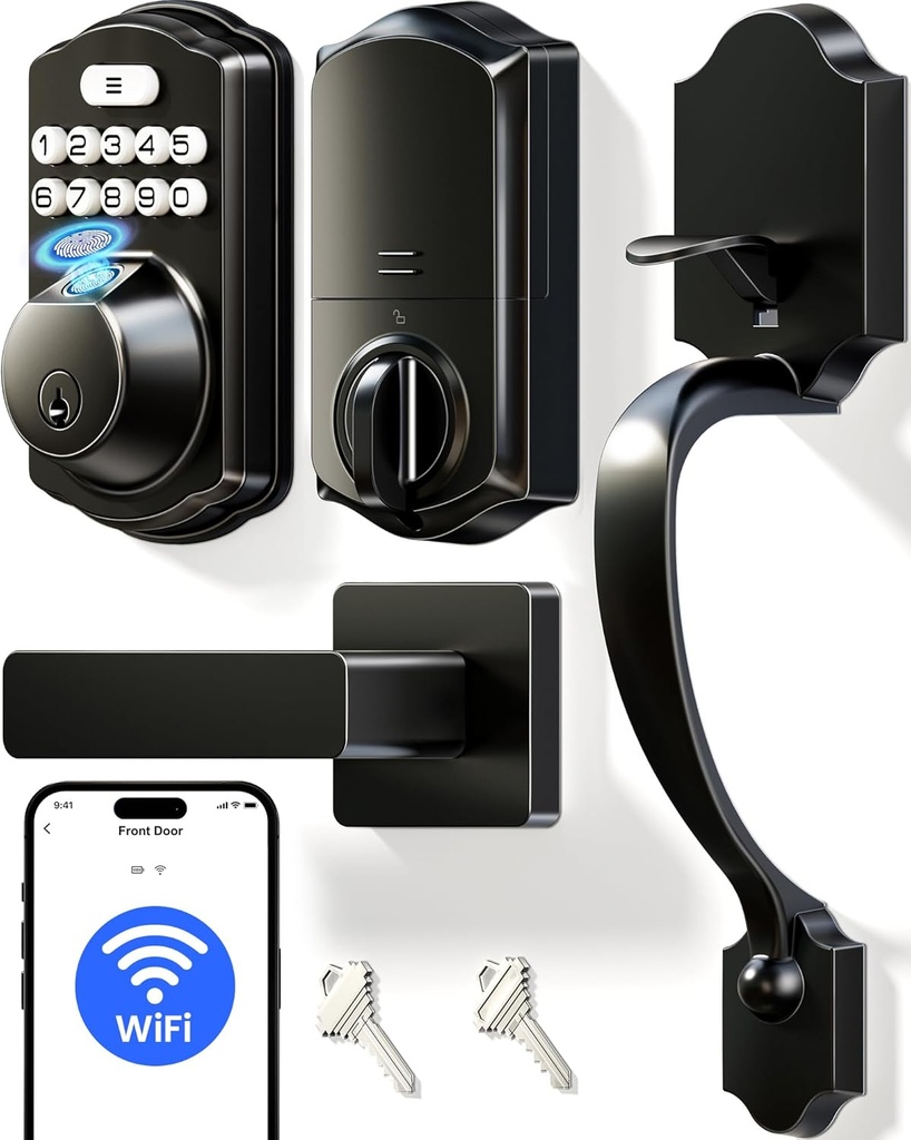 Veise VE012W-H Built-in WiFi Fingerprint Smart Deadbolt with Handle Set, App Remote Control, Keyless Entry Front Door Lock Set, Backlit Keypad, Voice Assistant, Auto Lock, Waterproof, Matte Black