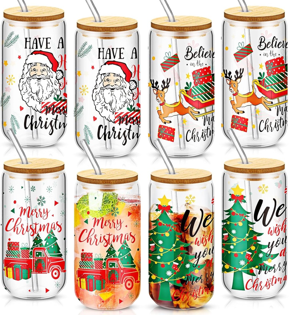 8 Pcs Christmas Glass Cups with Lids Straws Brushes, Ice Coffee Glasses16 oz Christmas Mason Jars Gifts for Teacher Nurse Friends Women Kids Men Coffee Cups Tea Bubble Tea Juice