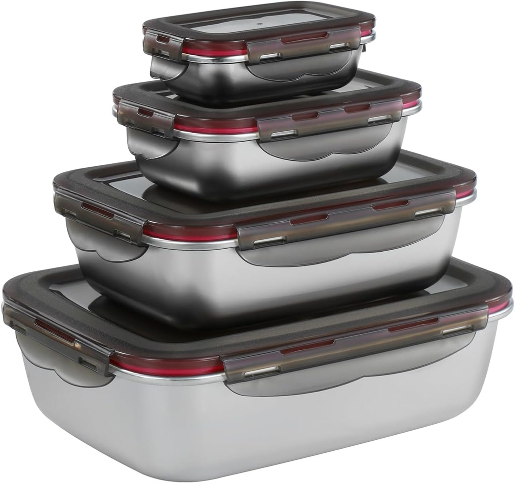 4PCS Stainless steel Food Storage Container with lids - Leakproof & Airtight for Kitchen,Meal Prep Lunch Box, Stackable Leftover Containers for Freezer Oven Safe 220ml/600ml/1500ml/2900ml