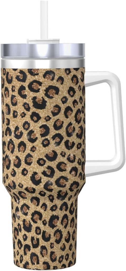 Gold Glitter Black Leopard 40 Oz Tumbler With Handle And Straw Lid, Insulated Reusable Stainless Steel Travel Mug Iced Tea Or Coffee, Smoothie And More