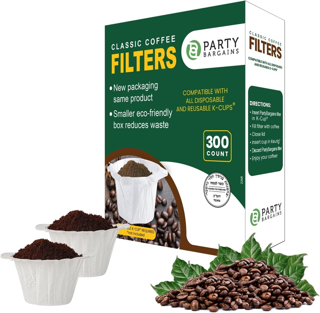 PARTY BARGAINS 300 Paper Coffee Filters - White Classic Design Single-Use Coffee Filters for Keurig Brewers and Compatible with K-Cup Pods 1.0 & 2.0 Models