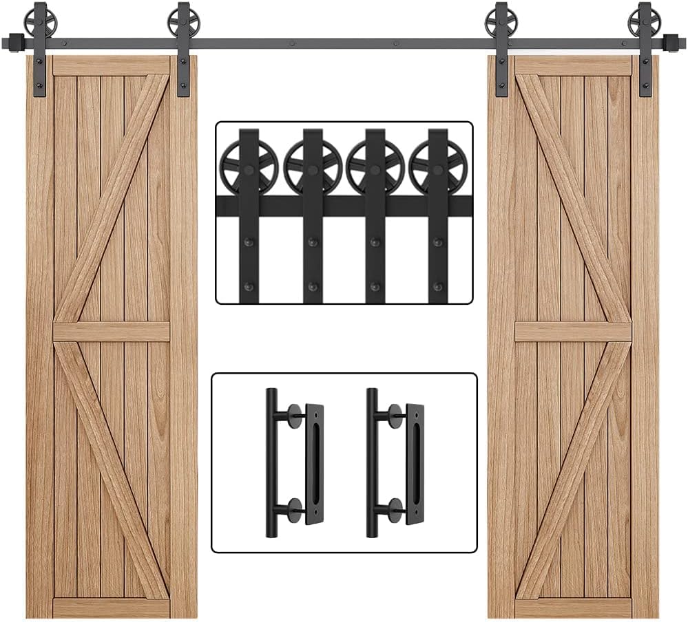 WINSOON 9FT Wood Double Sliding Barn Door Hardware Basic Black Big Spoke Wheel Roller Kit with 2PCS 12 Inch Sliding Barn Door Handles Black Hardware with Pull and Flush Barn Door Handle Set