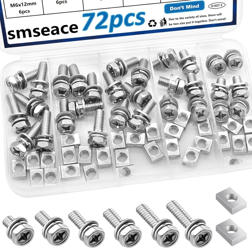 smseace 72Pack 304 Stainless Steel Battery Bolts and Nuts 5-Sizes M6x10/12/14/16/18/20mm ATV Battery Bolt Motorcycle Battery Terminal Screws with Square Nuts for ATV Battery Bolts and Nuts Square