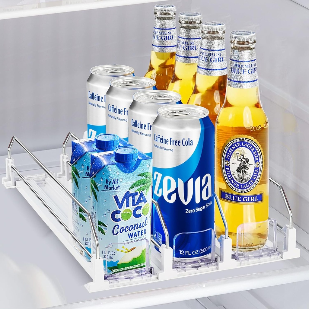 Soda Can Organizer & Dispenser for Refrigerator, Automatic Pusher Fridge Drink Organizer Holds up to 12 Cans Adjustable Width (White 3Row) 12.2"D x 9.9"W3