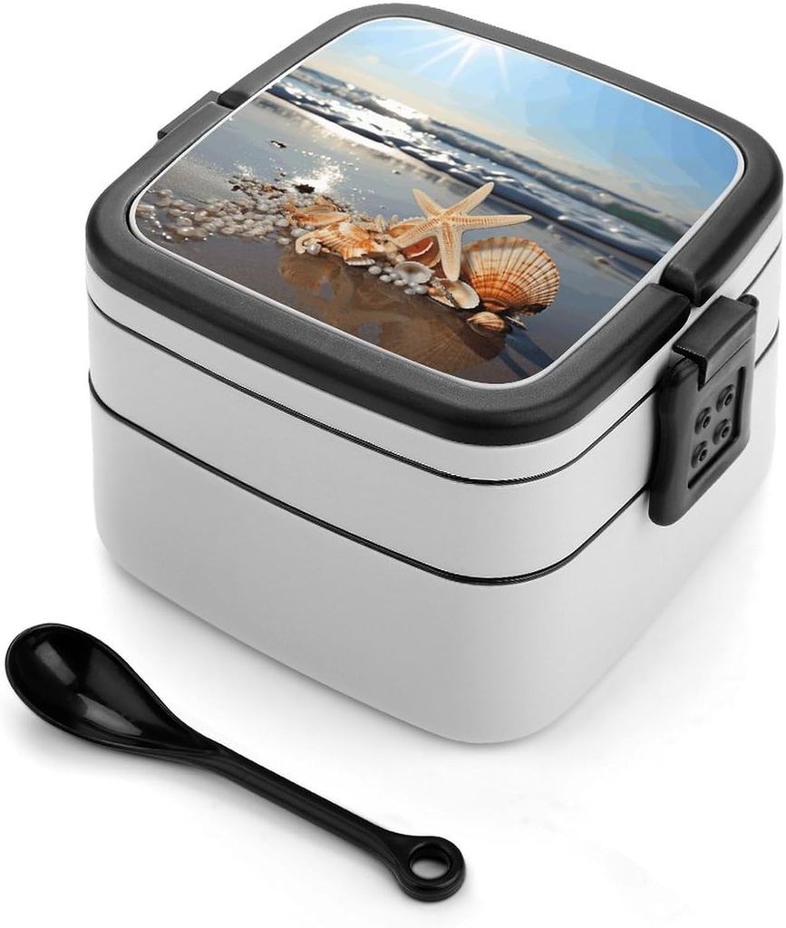 Seashells on The Beach Bento Box with Spoon, 2-layer Stackable Lunch Box Leak Proof with Invisible Handle, Insulated Food Storage for Office, Picnic & Travel