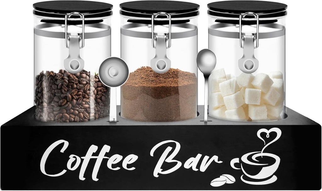 Glass Coffee Containers with Shelf Coffee Station Organizer 54oz Black Glass Coffees Bean Storage Canister with Spoon Coffee Canister Set Kitchen Food Storage Jars for Coffee/Sugar/Candy