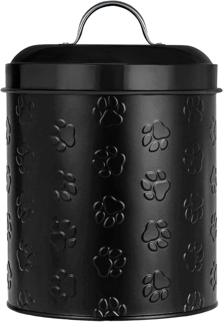 Amici Pet Puppy Paws Black Metal Canister with Embossed Paw Design - Large 140 oz Airtight Food Storage Jar for Wet or Dry Pet Foods - (8" H x 6" W) BPA Free Container for Organization