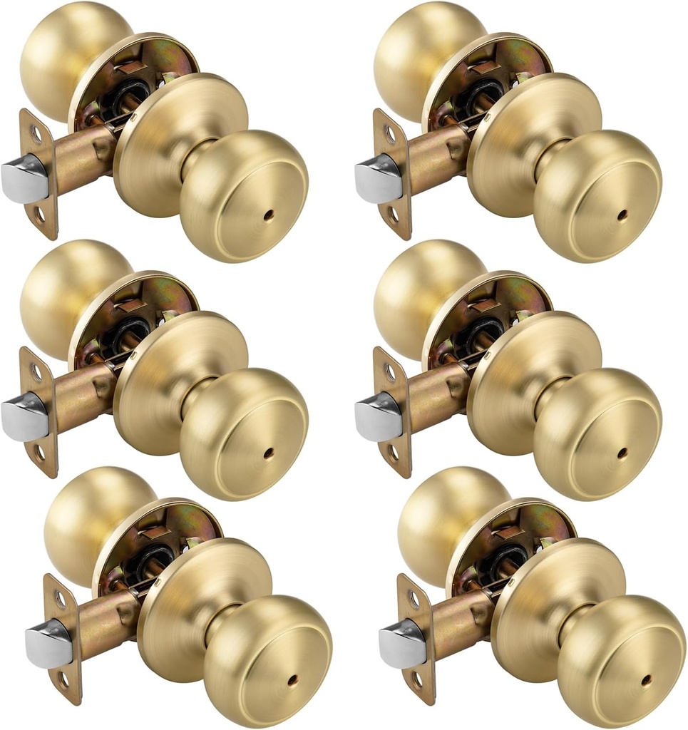 6 Pack Gold Door Knobs,Interior Door Knob with Lock,Coastal Style Satin Brass Door knob for Privacy and Bedroom