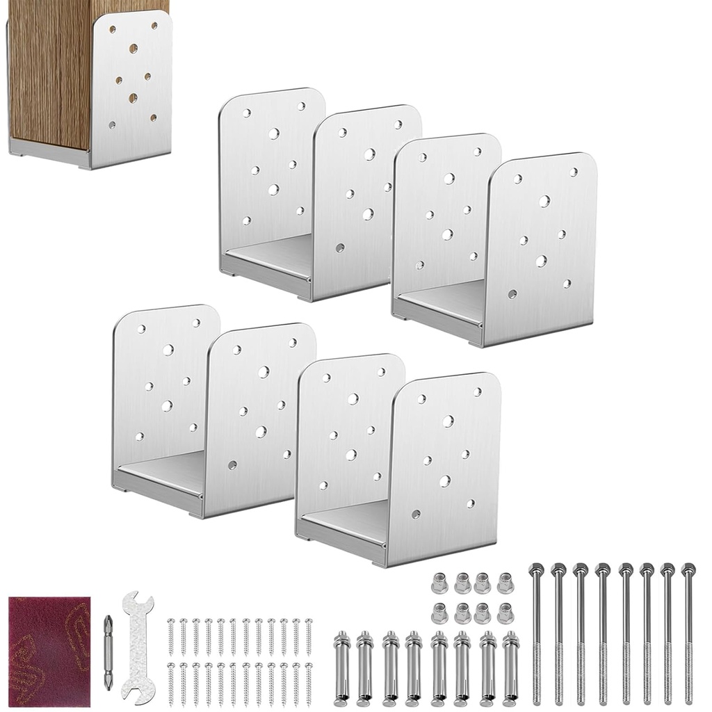 6×6 Post Base, 6×6 Stainless Steel Post Base, Adjustable Post Bracket, 4 Pcs, Inside Dimensions (5.3 x 5.3 inch), for Standing Wooden Posts, Patio Fences, Handheld Support Brackets and More
