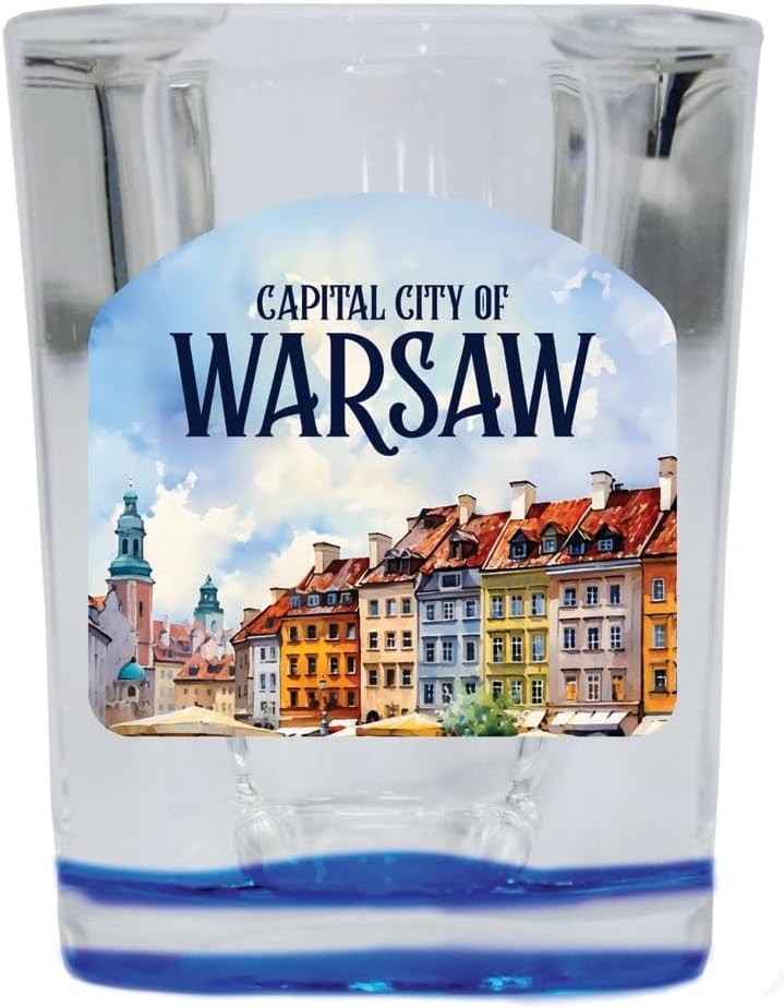 R and R Imports Warsaw Old Town Alexandria Capital City Design Souvenir 2 Ounce Shot Glass Square Blue Base 4-Pack